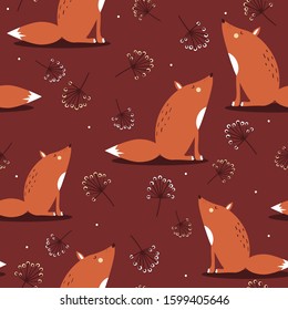 Foxes, flowers, hand drawn backdrop. Colorful seamless pattern with animals. Decorative cute wallpaper, good for printing. Overlapping background vector. Design illustration