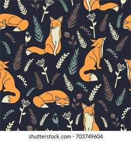 Foxes and flowers, hand drawn backdrop. Colorful seamless pattern with animals. Decorative wallpaper, good for printing. Overlapping background vector. Design illustration