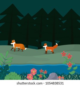 Foxes at forest cartoon
