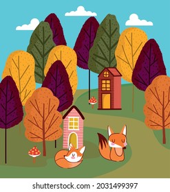 foxes in the forest houses and trees