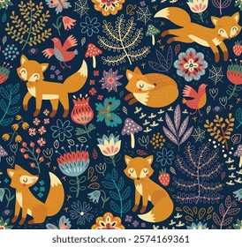 Foxes in the forest. Seamless pattern