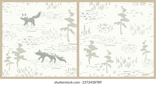 Foxes forest seamless pattern. Hand drawn meadow landscape. Woodland vector endless ornament. Wild animals t-shirt, childish apparel, wallpaper, bodysuit design. Animalistic romantic motif