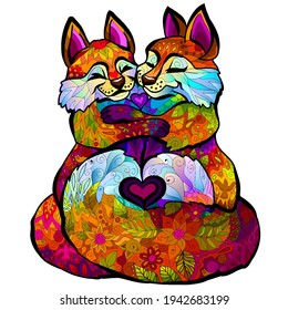 Foxes. Graphic, color image of a two foxes in love on a white background. Design for puzzles and stickers. Digital vector graphics.