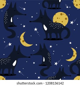 Foxes, hand drawn backdrop. Colorful seamless pattern with animals, moon, stars. Decorative cute wallpaper, good for printing. Overlapping background vector. Design illustration