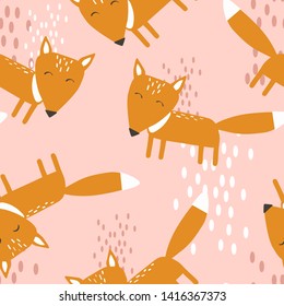 Foxes, hand drawn backdrop. Colorful seamless pattern with animals. Decorative cute wallpaper, good for printing. Overlapping background vector. Design illustration