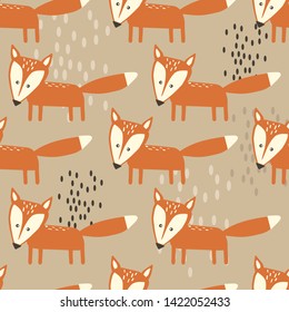 Foxes, hand drawn backdrop. Colorful seamless pattern with animals. Decorative cute wallpaper, good for printing. Overlapping background vector. Design illustration