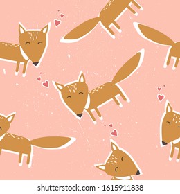 Foxes, hand drawn backdrop. Colorful seamless pattern with animals, hearts. Cute wallpaper, good for printing. Overlapping background vector. Design illustration