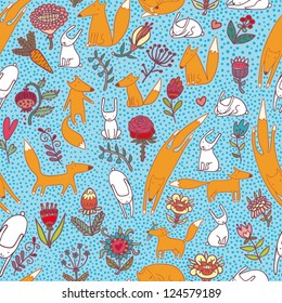 foxes hares flowers blue seamless pattern