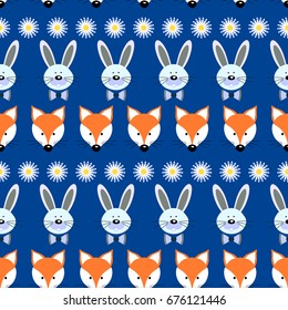foxes and hares with flowers, seamless pattern for textile