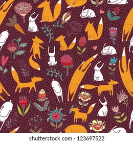 foxes hares flowers vinous seamless pattern