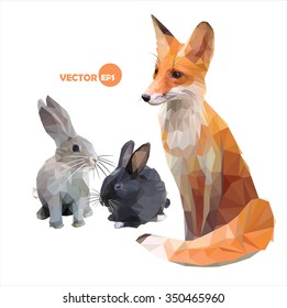 Foxes and hares. funny vector illustration in polygonal (low poly) style
cartoon Fox, rabbit. illustration of the animals of the forest, the
hare and the Fox sitting sideways.
