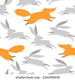 Foxes, hares, rabbits, easter bunny  background. Cute fox, hare, rabbit animals seamless pattern. Greeting card, gift wrap.