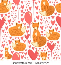 Foxes with hearts and balloons vector seamless pattern. Cute colorful composition with cartoon elements and animals. Perfectly for wrapping paper, gift packaging, clothing, bedding, cover, kids prints
