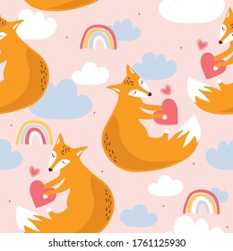 Foxes, hearts, rainbow, hand drawn backdrop. Colorful seamless pattern with animals, clouds. Decorative cute wallpaper, good for printing. Overlapping colored background vector. Design illustration