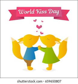 Foxes holding hands and kissing. Vector Illustration for the holiday. World kiss day