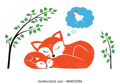 Foxes huddled together in sleep and dreaming of hen