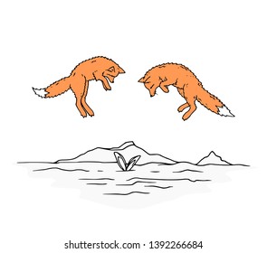 Foxes hunting a rabbit colored silhouette illustration. Two wild fox animal jumping in snow drawing decoration. Cartoon style character simple sketch vector art. Showing predator instinct.