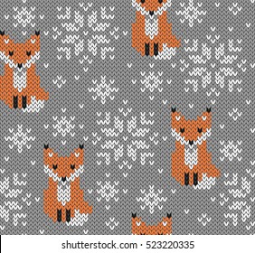 Foxes jacquard knitted seamless pattern. Winter background with cute animals. Scandinavian style. Vector illustration.