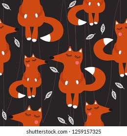 Foxes, leaves, hand drawn backdrop. Colorful seamless pattern with animals. Cute wallpaper, good for printing. Overlapping background vector. Design illustration