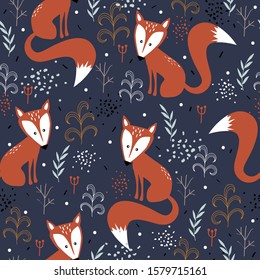 Foxes, leaves, hand drawn backdrop. Colorful seamless pattern with animals. Decorative cute wallpaper, good for printing. Overlapping background vector. Design illustration