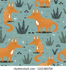 Foxes and plants, hand drawn backdrop. Colorful seamless pattern with animals. Decorative cute wallpaper, good for printing. Overlapping background vector. Design illustration