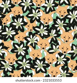 Foxes portrait with spring flowers on green background.