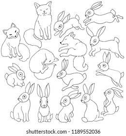 Foxes and rabbits in some poses. Collection of Vector hand drawn line doodle illustrations