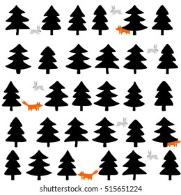 foxes and rabbits wild life forest with animals cartoon style seasonal winter pattern on white background