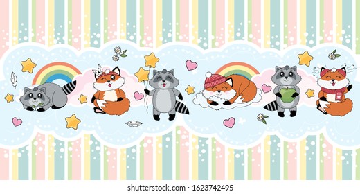 Foxes and raccoons horizontal repeating border for wallpaper or children's textiles. Soft colors