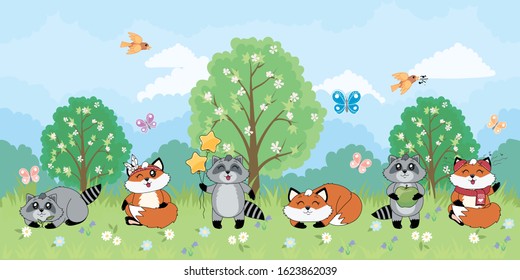 Foxes and raccoons horizontal repeating border for wallpaper or children's textiles. Forest, tree, grass and sky on the background. Soft colors