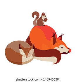 foxes and squirrel happy autumn season design