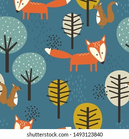 Foxes, squirrels and trees, hand drawn backdrop. Colorful seamless pattern with animals. Decorative cute wallpaper, good for printing. Overlapping background vector. Design illustration