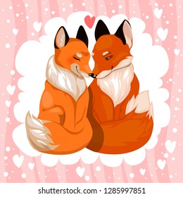 Foxes. St. Valentine's Day. Pink background. Vector.