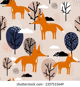 Foxes, trees and clouds, hand drawn backdrop. Colorful seamless pattern with animals. Decorative cute wallpaper, good for printing. Overlapping background vector. Design illustration