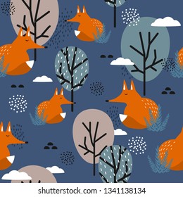 Foxes, trees and clouds, hand drawn backdrop. Colorful seamless pattern with animals. Decorative cute wallpaper, good for printing. Overlapping background vector. Design illustration