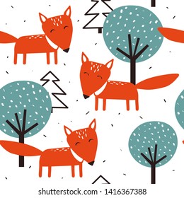 Foxes, trees and fir-trees, hand drawn backdrop. Colorful seamless pattern with animals. Decorative cute wallpaper, good for printing. Overlapping background vector. Design illustration