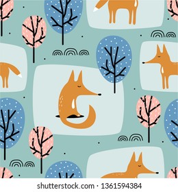 Foxes and trees, hand drawn backdrop. Colorful seamless pattern with animals. Decorative cute wallpaper, good for printing. Overlapping background vector. Design illustration