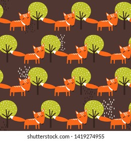 Foxes, trees, hand drawn backdrop. Colorful seamless pattern with animals. Decorative cute wallpaper, good for printing. Overlapping background vector. Design illustration