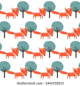 Foxes and trees, hand drawn backdrop. Colorful seamless pattern with animals. Decorative cute wallpaper, good for printing. Overlapping background vector. Design illustration