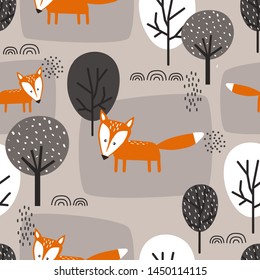 Foxes and trees, hand drawn backdrop. Colorful seamless pattern with animals. Decorative cute wallpaper, good for printing. Overlapping background vector. Design illustration