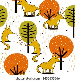 Foxes and trees, hand drawn backdrop. Colorful seamless pattern with animals. Decorative cute wallpaper, good for printing. Overlapping background vector. Design illustration