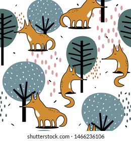 Foxes and trees, hand drawn backdrop. Colorful seamless pattern with animals. Decorative cute wallpaper, good for printing. Overlapping background vector. Design illustration