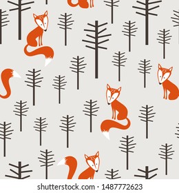 Foxes and trees, hand drawn backdrop. Colorful seamless pattern with animals. Decorative cute wallpaper, good for printing. Overlapping background vector. Design illustration