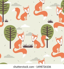 Foxes and trees, hand drawn backdrop. Colorful seamless pattern with animals. Decorative cute wallpaper, good for printing. Overlapping background vector. Design illustration