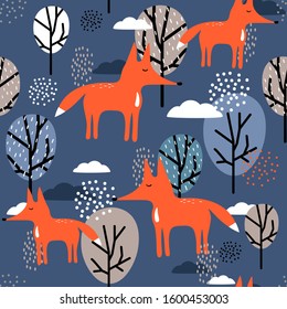 Foxes and trees, hand drawn backdrop. Colorful seamless pattern with animals. Decorative cute wallpaper, good for printing. Overlapping background vector. Design illustration