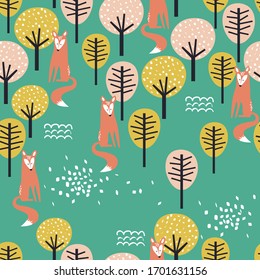 Foxes and trees, hand drawn backdrop. Colorful seamless pattern with animals. Decorative cute wallpaper, good for printing. Overlapping background vector. Design illustration