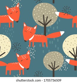 Foxes and trees, hand drawn backdrop. Colorful seamless pattern with animals. Decorative cute wallpaper, good for printing. Overlapping background vector. Design illustration