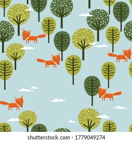 Foxes and trees, hand drawn backdrop. Colorful seamless pattern with animals. Decorative cute wallpaper, good for printing. Overlapping background vector. Design illustration