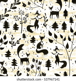 Foxes in winter forest. Seamless pattern with hand drawn design for Christmas and New Year greeting cards, fabric, wrapping paper. Grunge seamless vector texture is in the separate layer. 