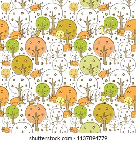 Foxes in winter forest - seamless vector pattern